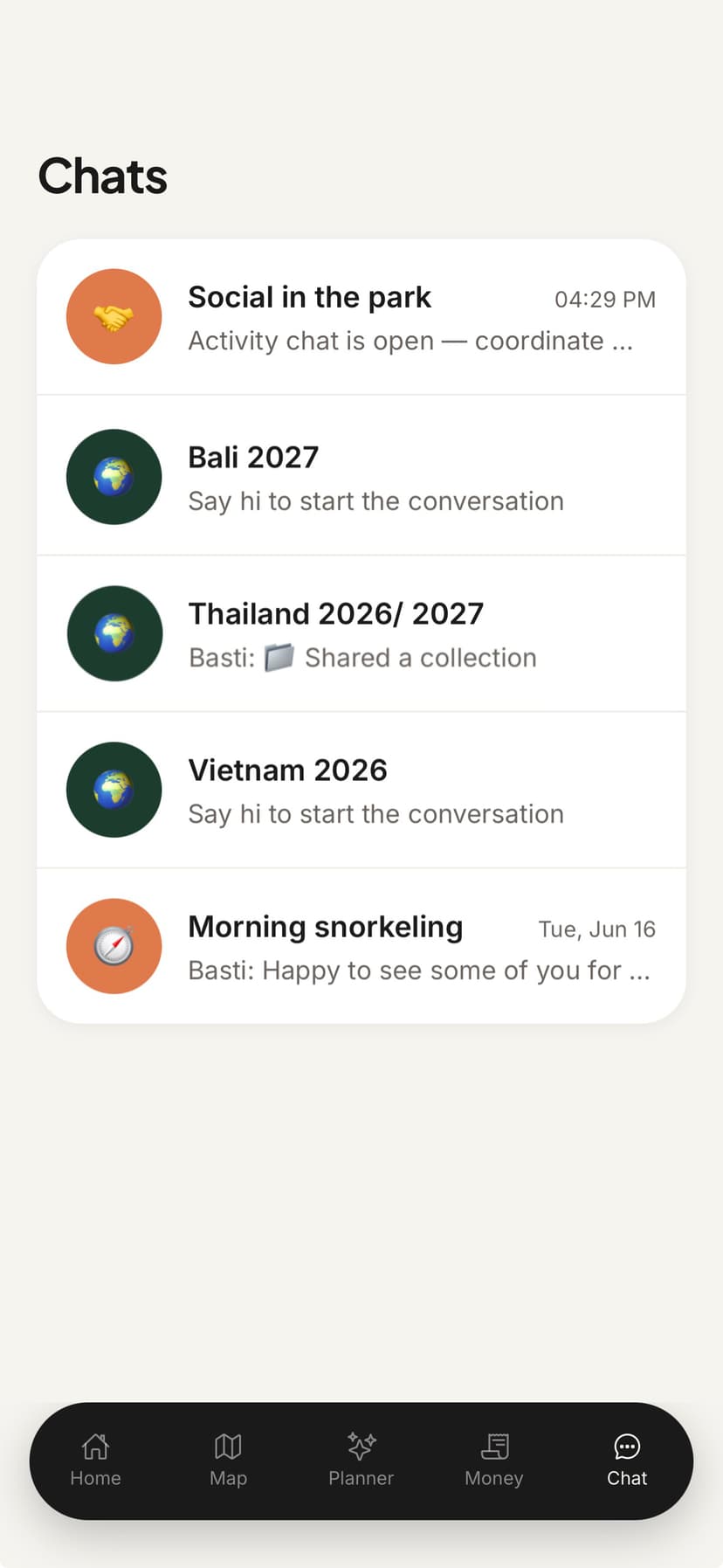 ONVA group travel planning with trip chat