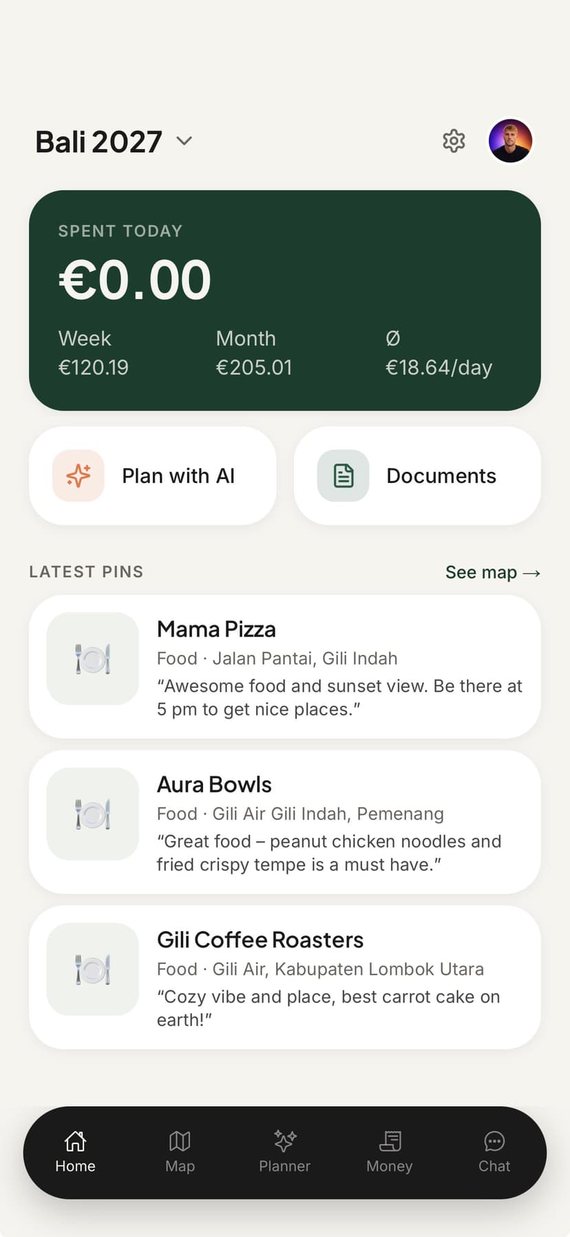 ONVA digital nomad travel app home screen