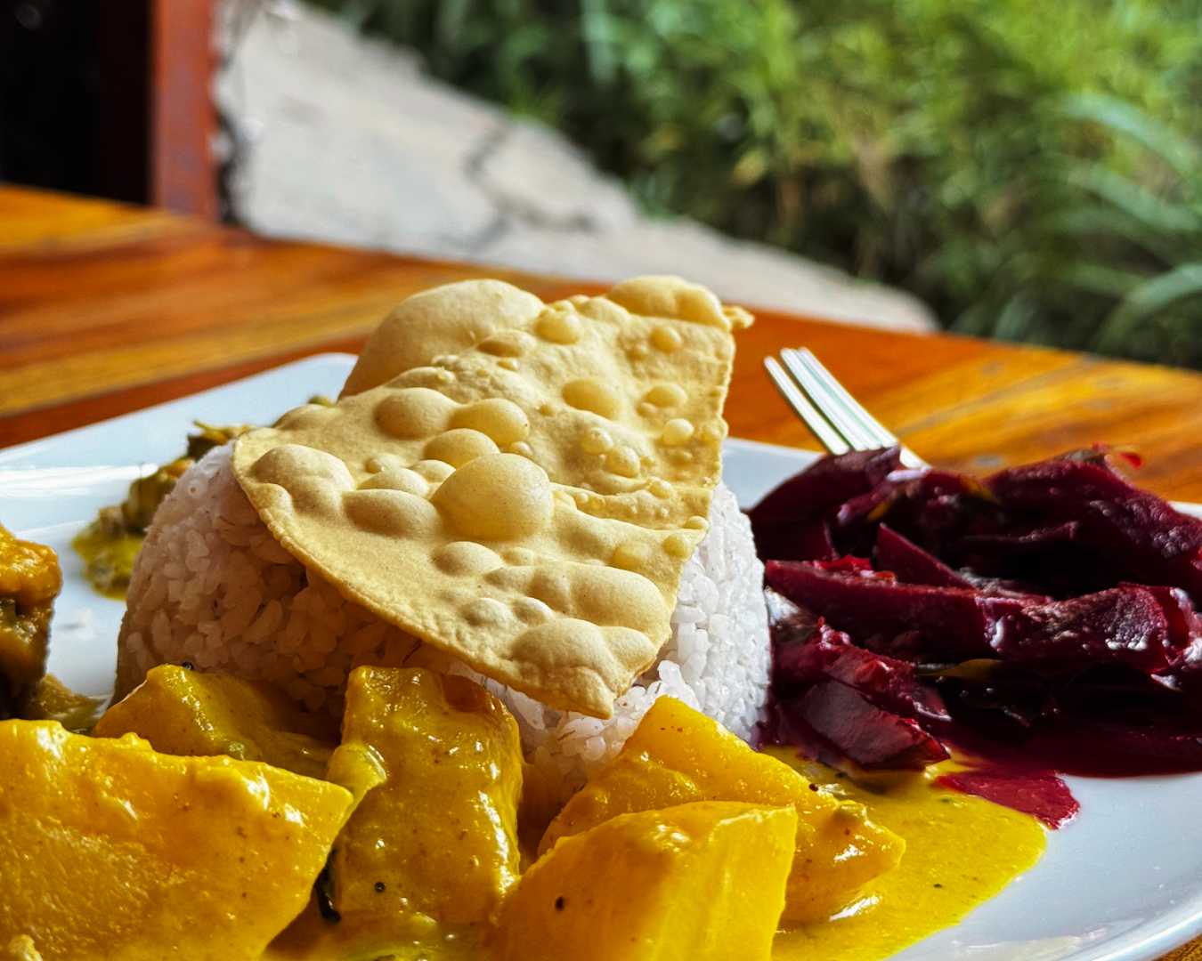 Sri Lankan rice and curry spread at a restaurant in Ella