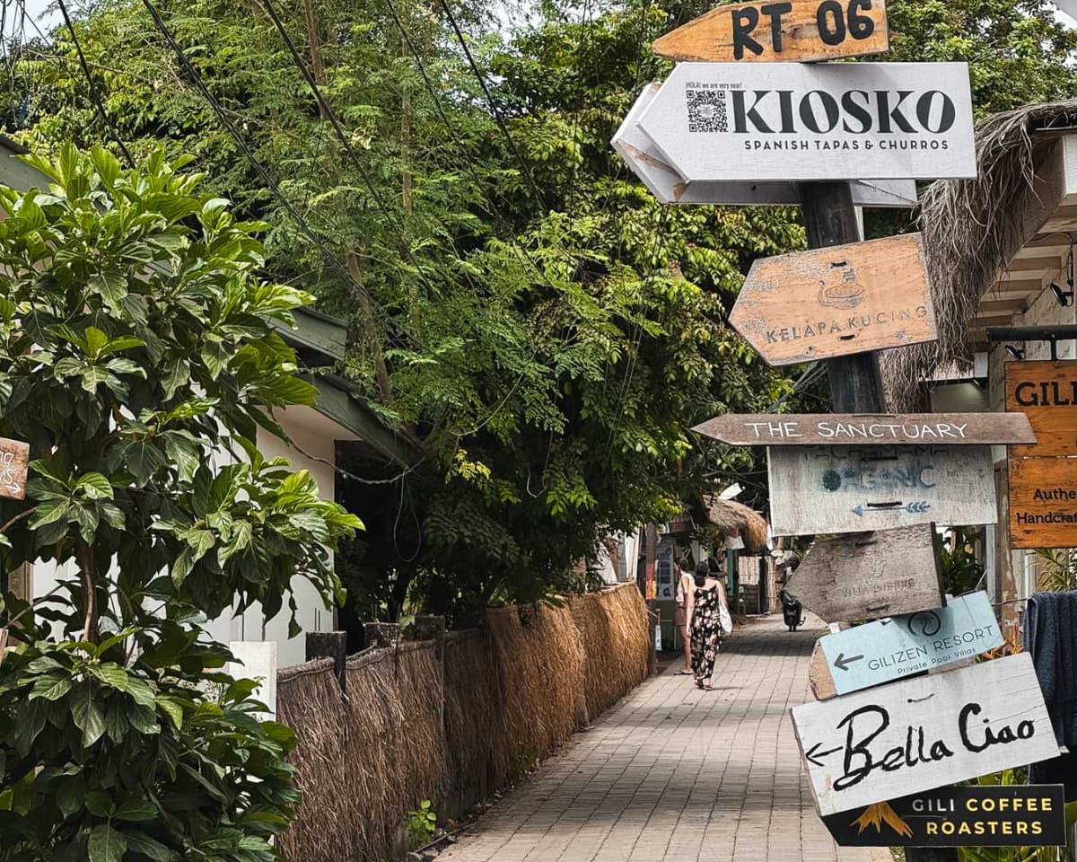 Turquoise water and beachfront path on Gili Air island Indonesia